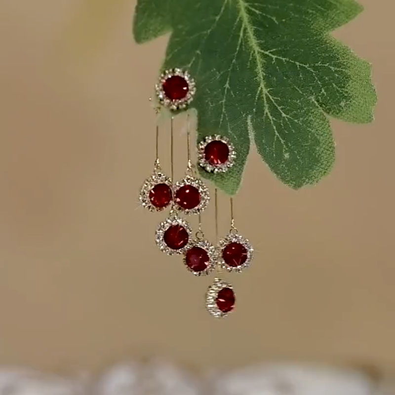 14K Gold-Plated Elegant Red Crystal Tassel Earrings