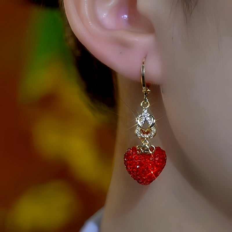 14K Gold-Plated Elegant Red Diamond Heart Earrings