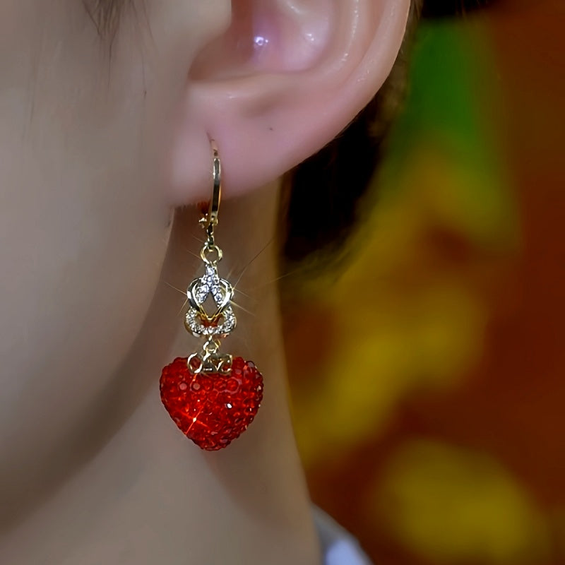 14K Gold-Plated Elegant Red Diamond Heart Earrings