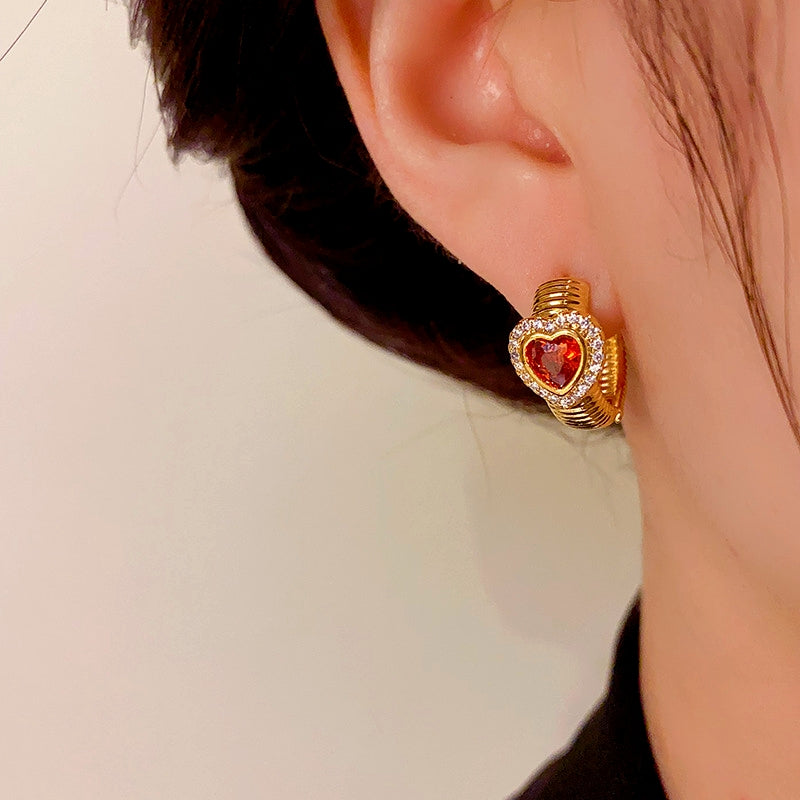 14K Gold-Plated Elegant Red Heart Hoop Earrings