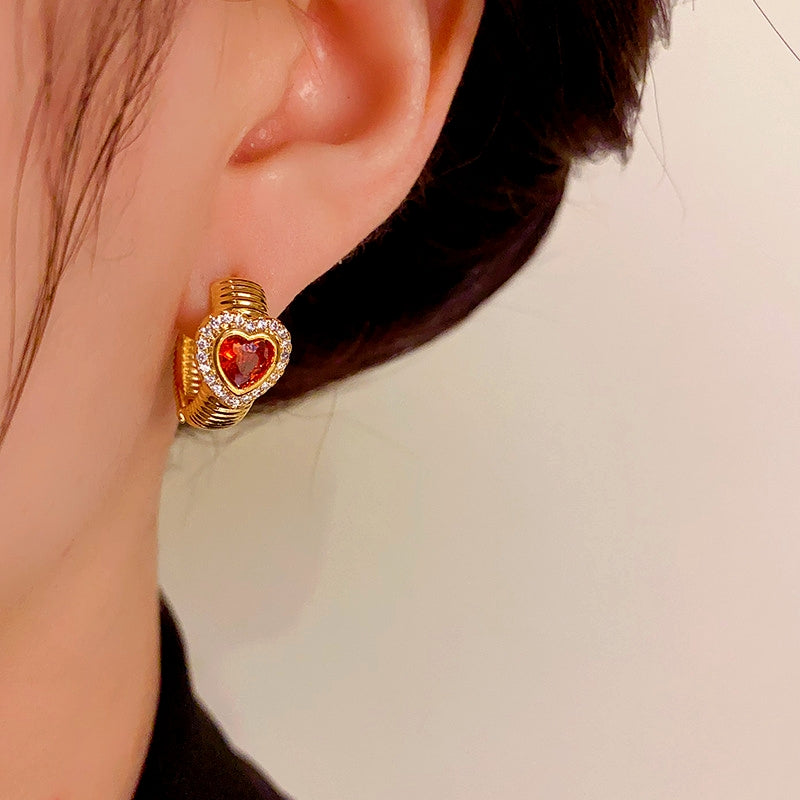 14K Gold-Plated Elegant Red Heart Hoop Earrings