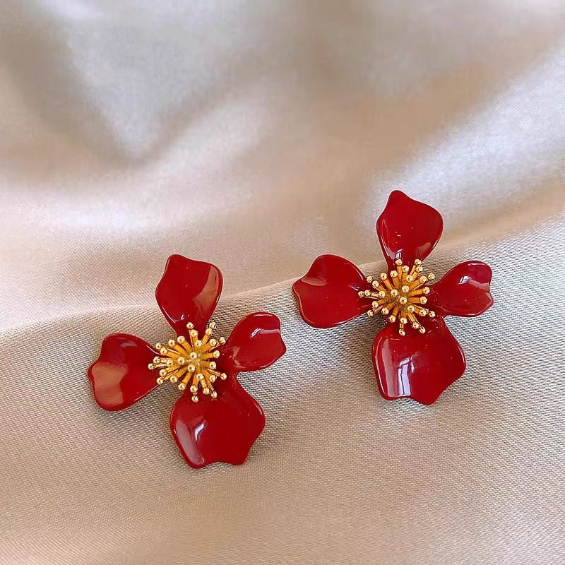 14K Gold-Plated Elegant Red Petal Flower Earrings