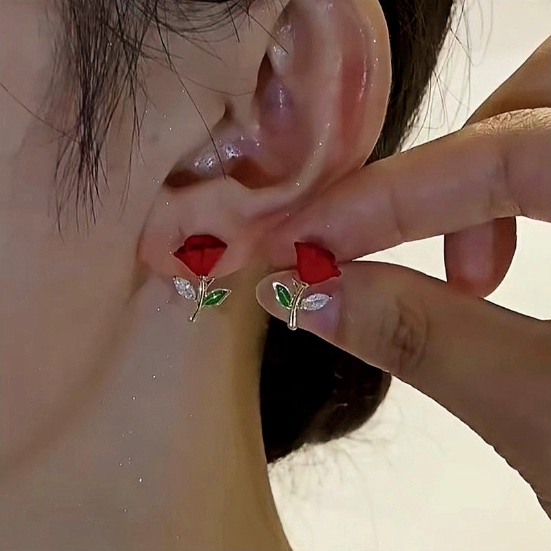 14K Gold-Plated Elegant Red Rose Stud Earrings