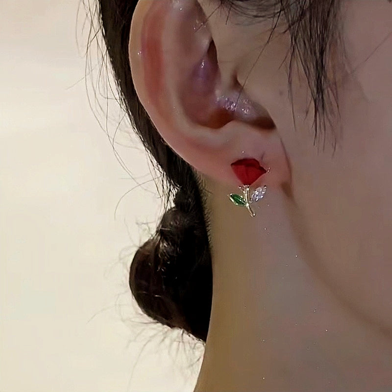 14K Gold-Plated Elegant Red Rose Stud Earrings