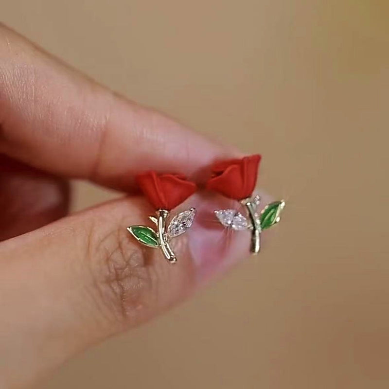 14K Gold-Plated Elegant Red Rose Stud Earrings