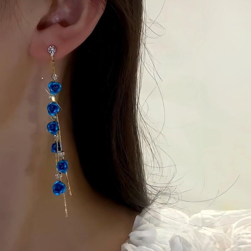 14K Gold-Plated Elegant Rhinestone Blue Rose Tassel Earrings