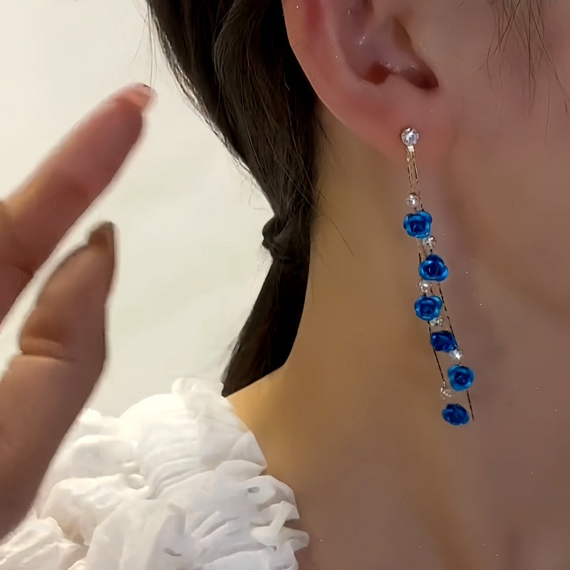 14K Gold-Plated Elegant Rhinestone Blue Rose Tassel Earrings