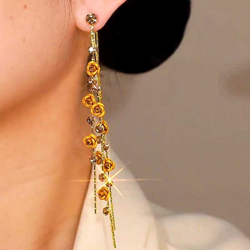 14K Gold-Plated Elegant Rose Tassel Earrings