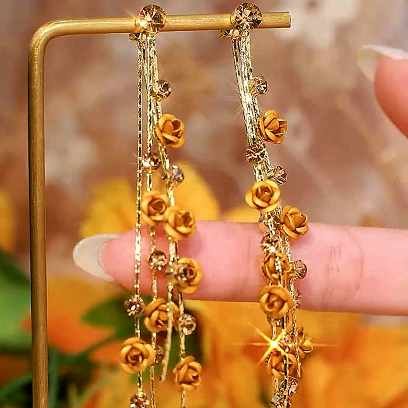 14K Gold-Plated Elegant Rose Tassel Earrings