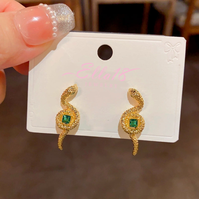 14K Gold-Plated Elegant Snake-Shaped Green Square Diamond Earrings
