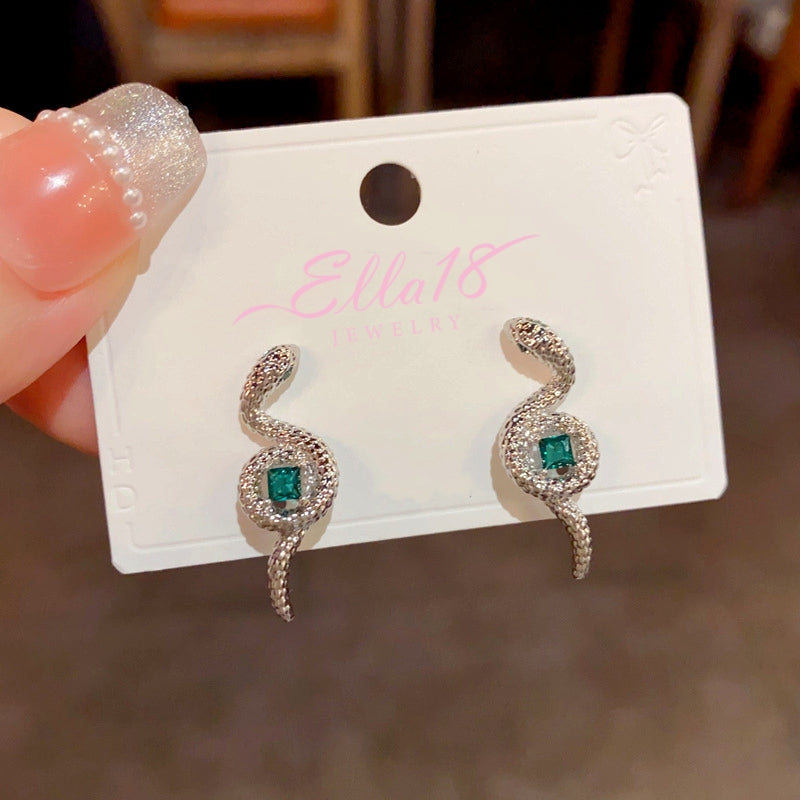 14K Gold-Plated Elegant Snake-Shaped Green Square Diamond Earrings