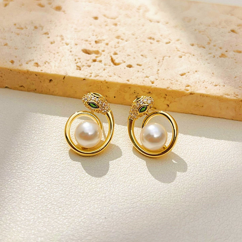 14K Gold-Plated Elegant Snake Pearl Earrings