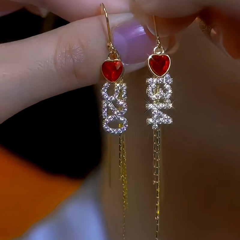 14K Gold-Plated Elegant Valentine's Day Gift Red Heart Diamond Number Threader Earrings