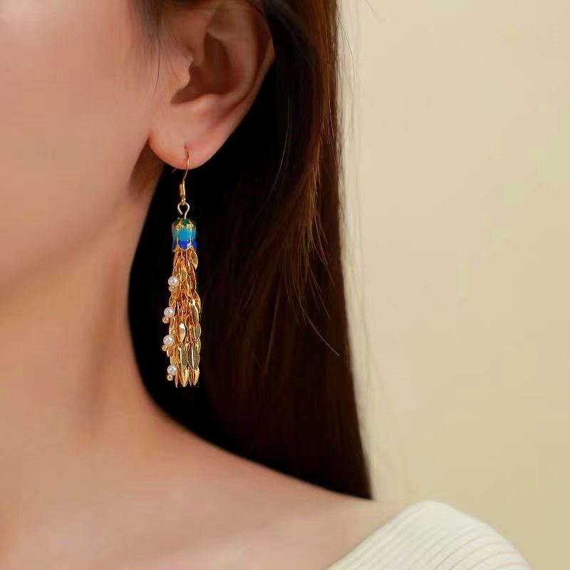 14K Gold-Plated Elegant Wheat Ear Pearl Tassel Earrings