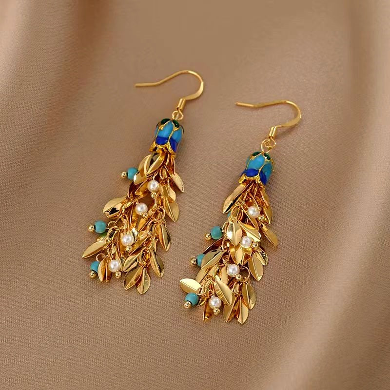 14K Gold-Plated Elegant Wheat Ear Pearl Tassel Earrings
