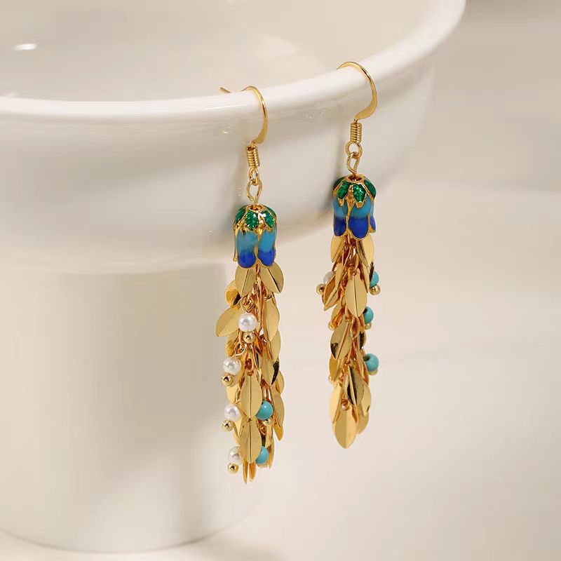 14K Gold-Plated Elegant Wheat Ear Pearl Tassel Earrings