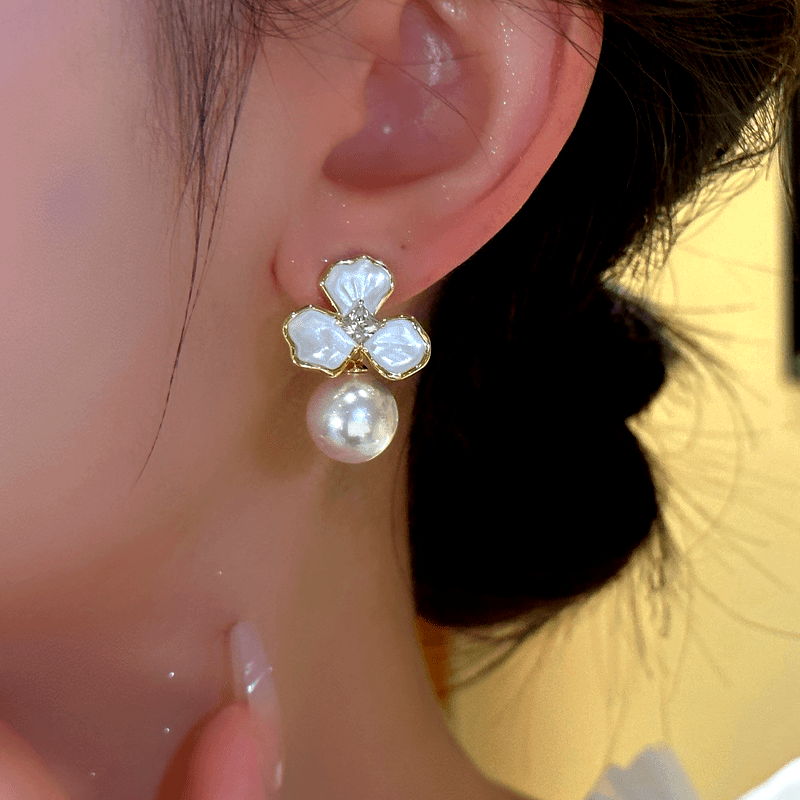 14K Gold-Plated Elegant White Flower Pearl Earrings