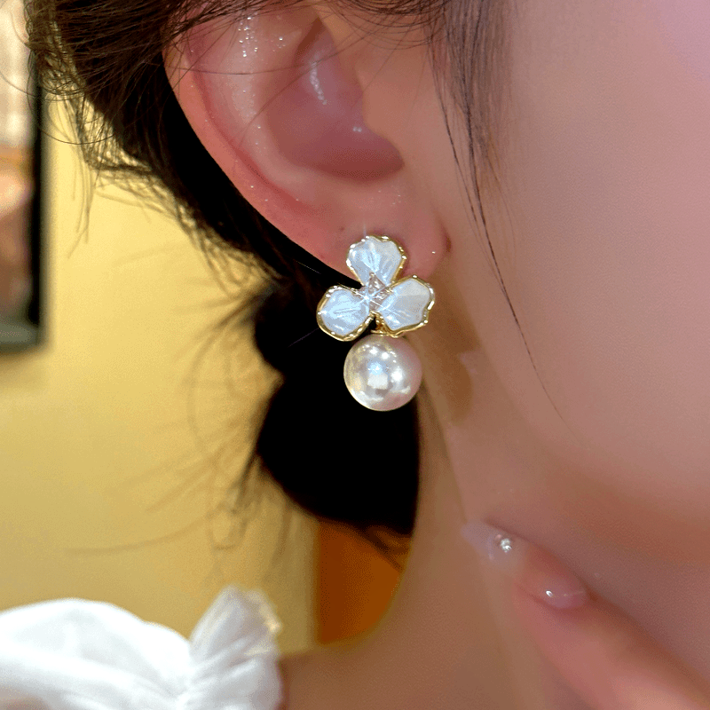 14K Gold-Plated Elegant White Flower Pearl Earrings