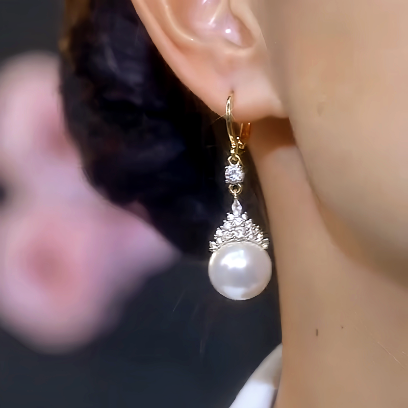 14K Gold-Plated Elegant White Pearl Zircon Crown Earrings