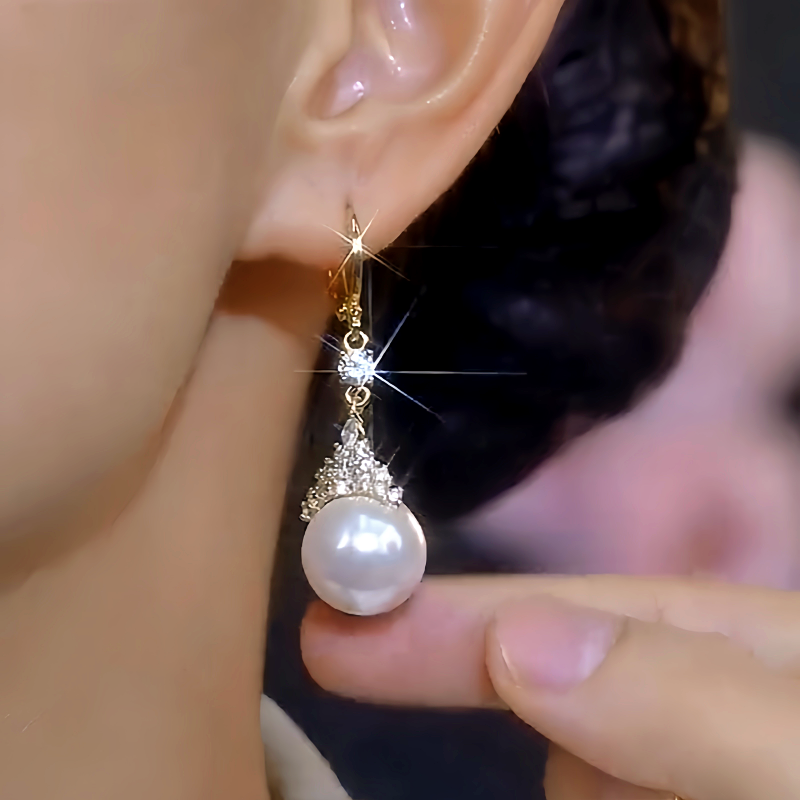 14K Gold-Plated Elegant White Pearl Zircon Crown Earrings