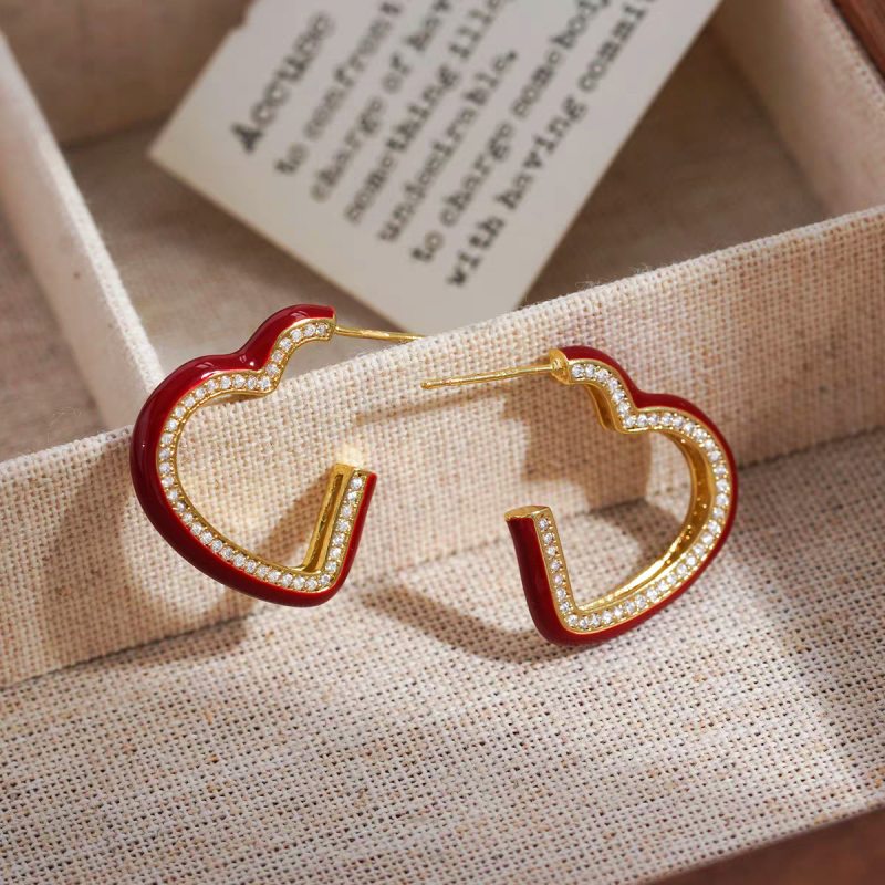 14K Gold-Plated Elegant Wine Red Glaze Heart Earrings