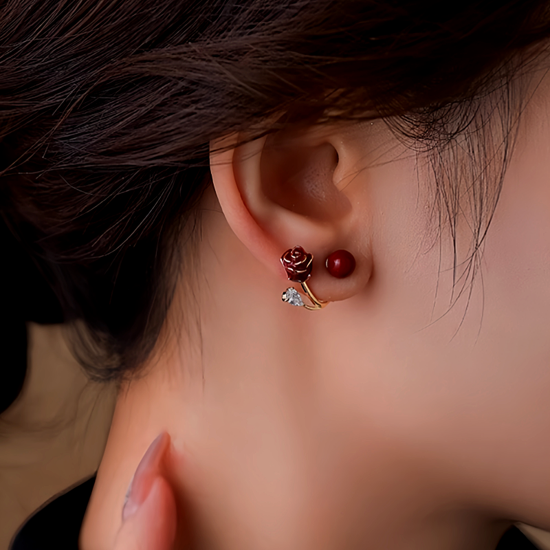 14K Gold-Plated Elegant Wine Red Rose Flower Earrings