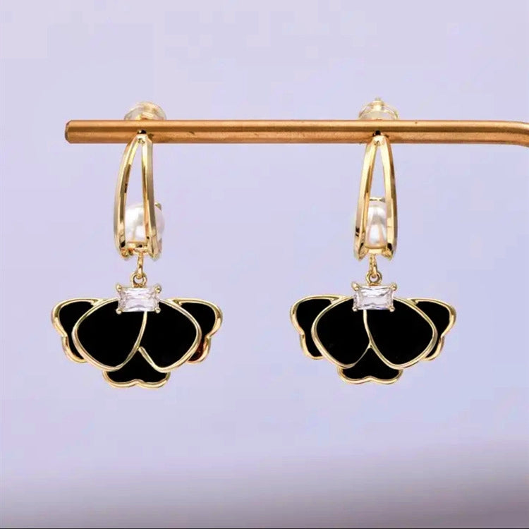 14K Gold-Plated Elegant Zircon Black Petal Earrings