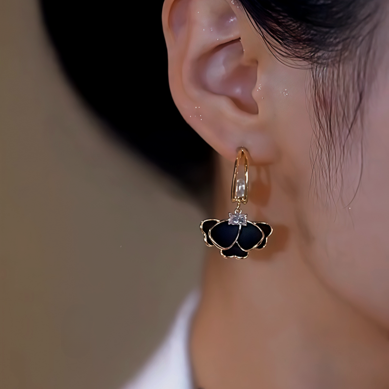 14K Gold-Plated Elegant Zircon Black Petal Earrings