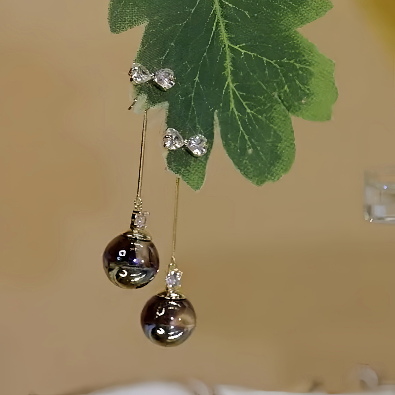 14K Gold-Plated Elegant Zircon Bow Black Pearl Tassel Earrings
