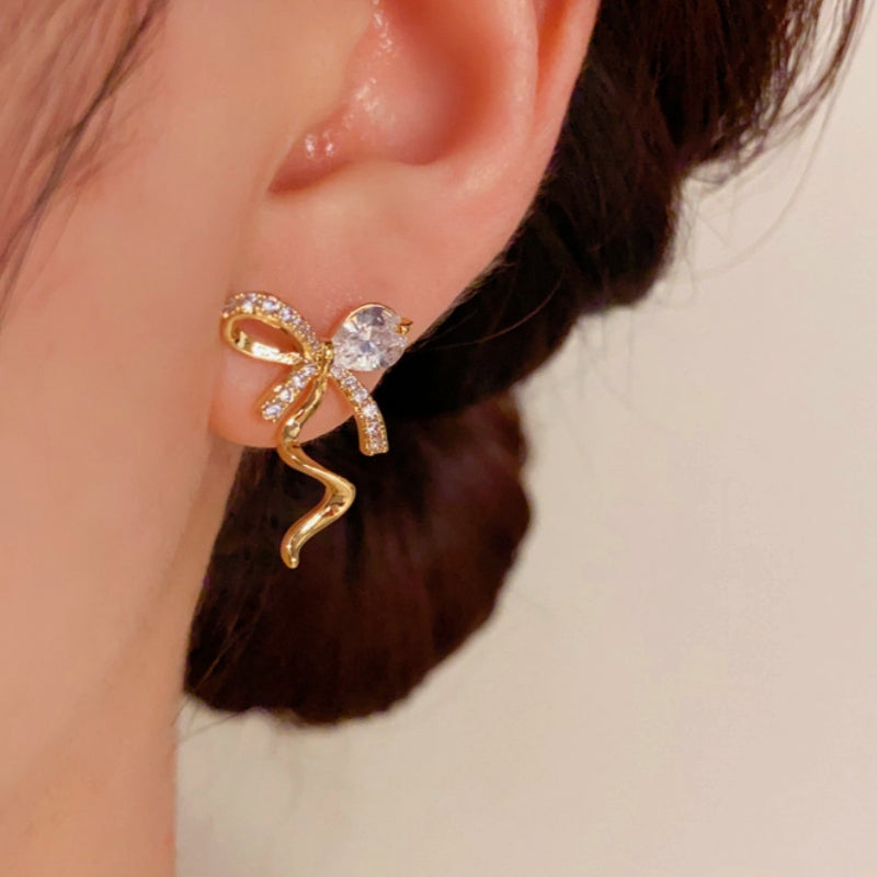 14K Gold-Plated Elegant Zircon Bow Earrings
