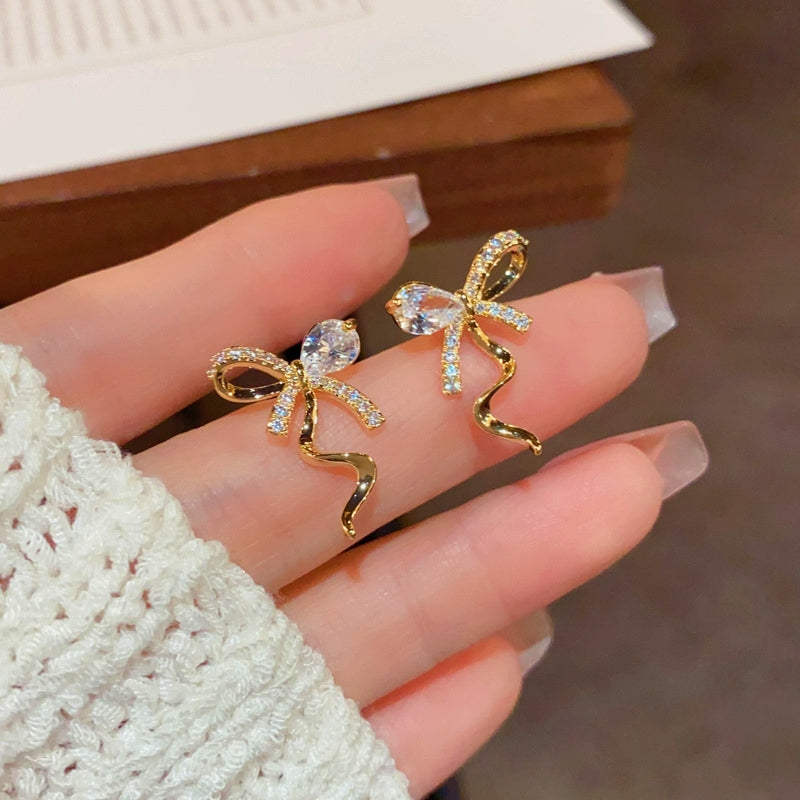 14K Gold-Plated Elegant Zircon Bow Earrings