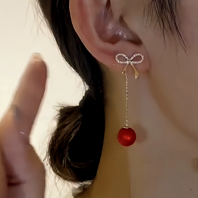 14K Gold-Plated Elegant Zircon Bow Red Pearl Tassel Earrings