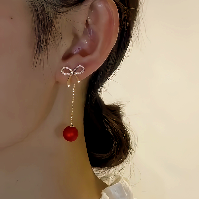 14K Gold-Plated Elegant Zircon Bow Red Pearl Tassel Earrings
