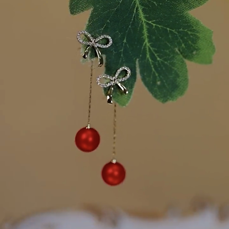 14K Gold-Plated Elegant Zircon Bow Red Pearl Tassel Earrings