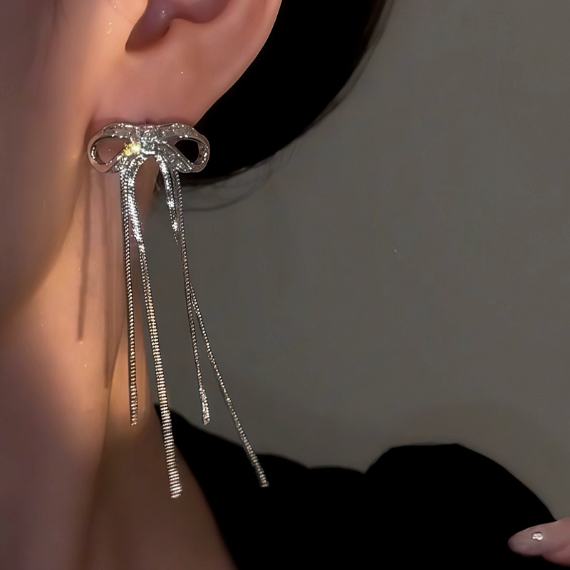 14K Gold-Plated Elegant Zircon Bow Tassel Earrings
