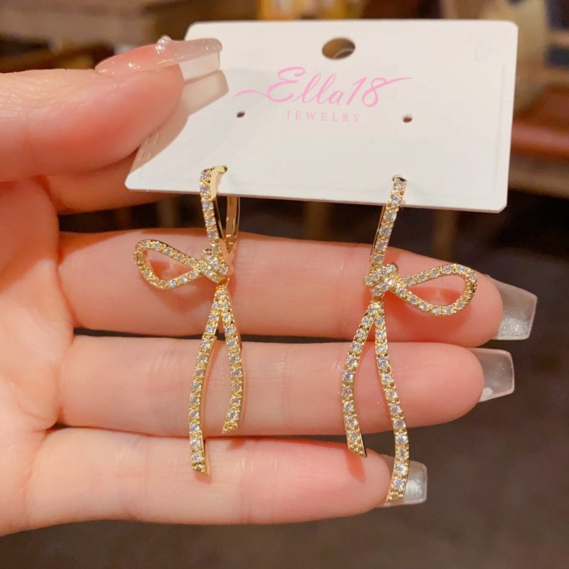 14K Gold-Plated Elegant Zircon Bow Tassel Earrings