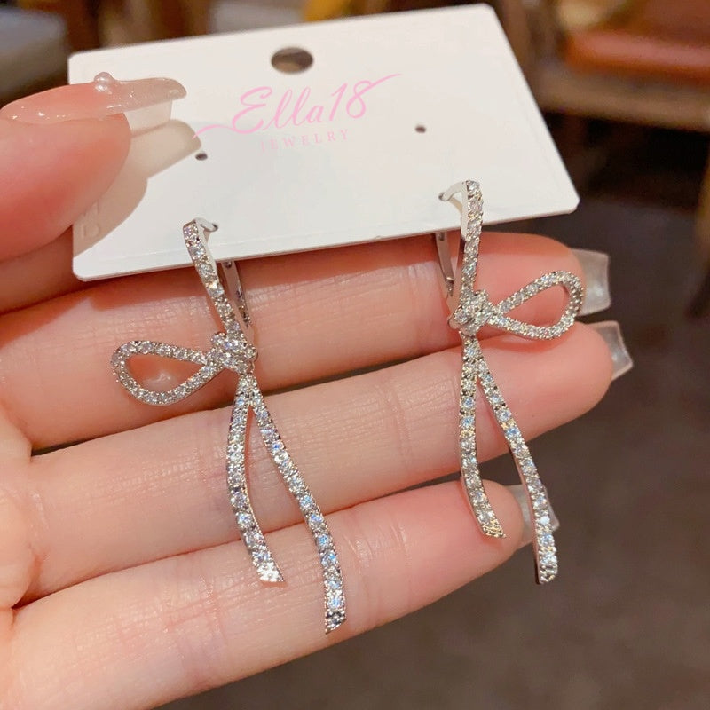 14K Gold-Plated Elegant Zircon Bow Tassel Earrings