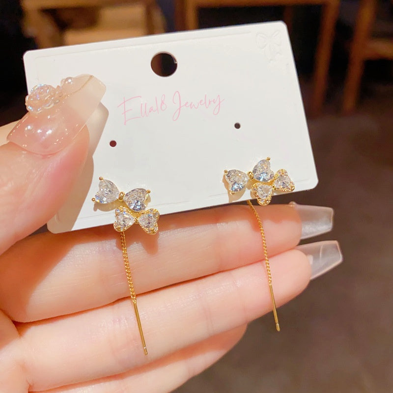 14K Gold-Plated Elegant Zircon Bow Threader Earrings