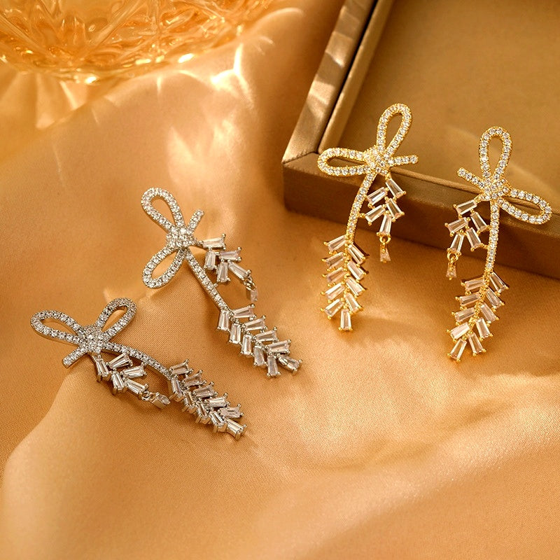 14K Gold-Plated Elegant Zircon Bow Wheat Earrings