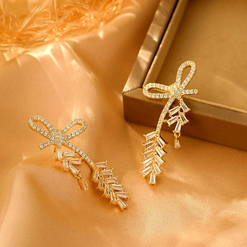 14K Gold-Plated Elegant Zircon Bow Wheat Earrings