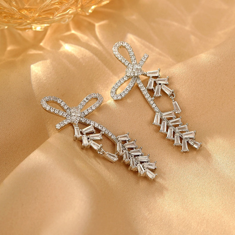 14K Gold-Plated Elegant Zircon Bow Wheat Earrings