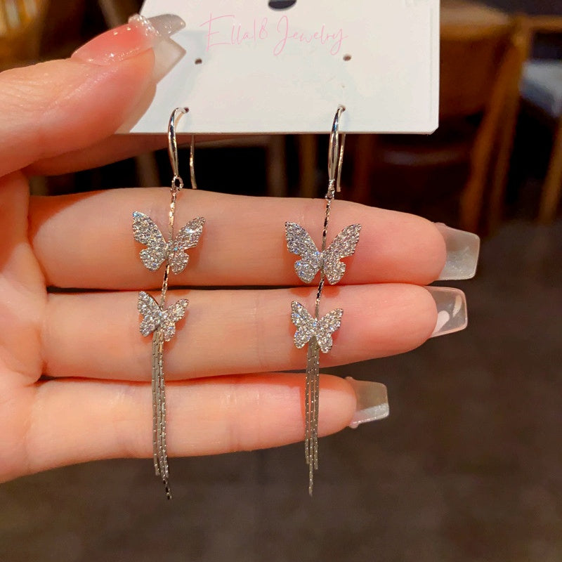 14K Gold-Plated Elegant Zircon Butterfly Ear Hook Tassel Earrings