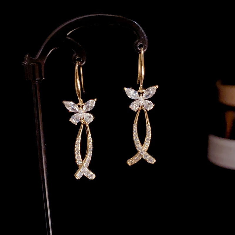 14K Gold-Plated Elegant Zircon Butterfly Tassel Ear Hooks