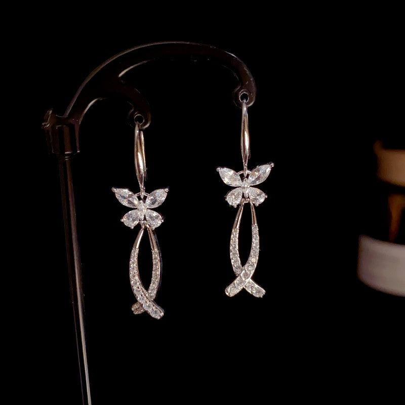 14K Gold-Plated Elegant Zircon Butterfly Tassel Ear Hooks