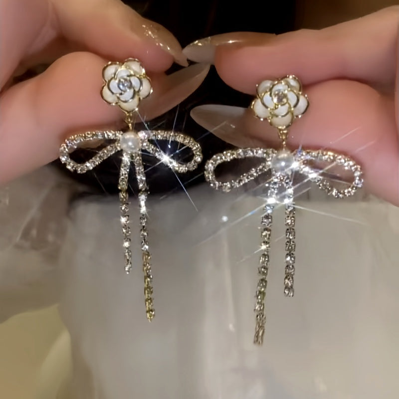 14K Gold-Plated Elegant Zircon Camellia Pearl Bow Earrings