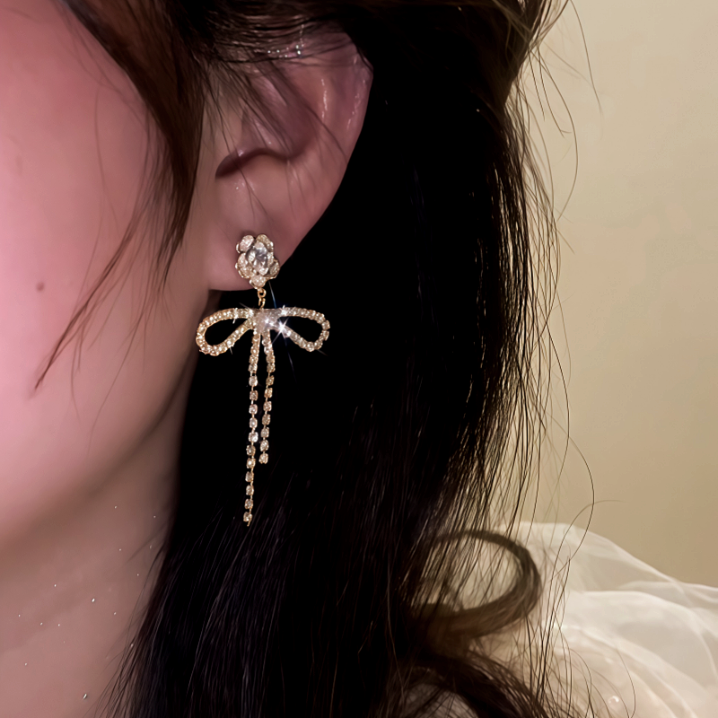 14K Gold-Plated Elegant Zircon Camellia Pearl Bow Earrings