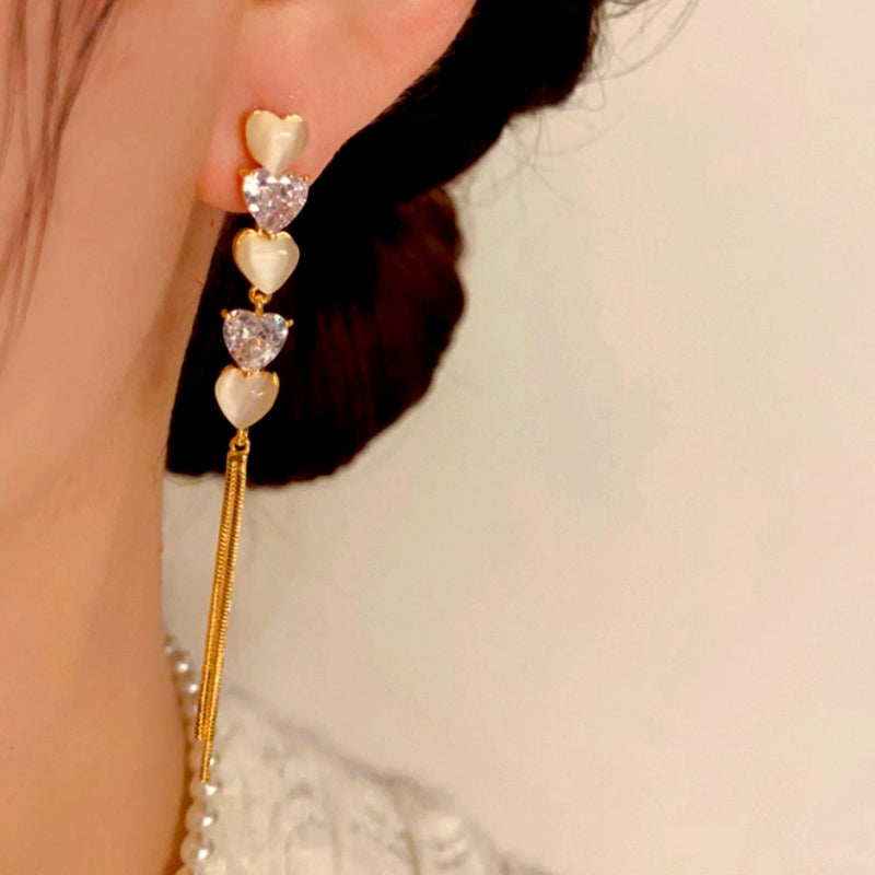 14K Gold-Plated Elegant Zircon Cat's Eye Heart-Design Tassel Earrings