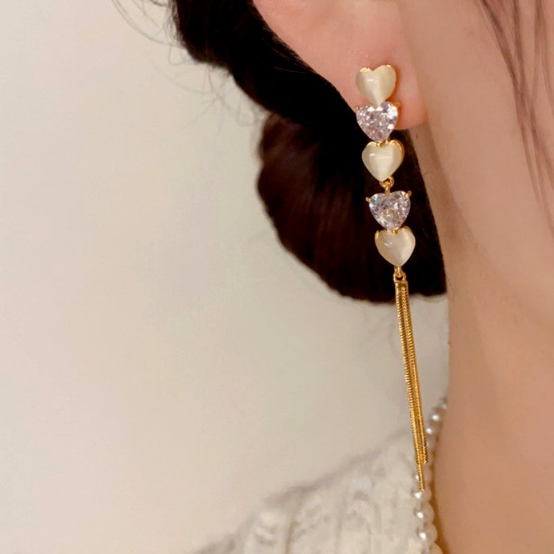 14K Gold-Plated Elegant Zircon Cat's Eye Heart-Design Tassel Earrings