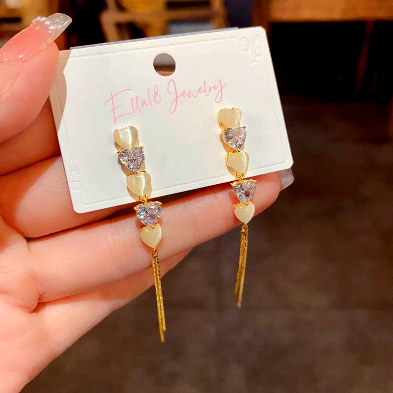 14K Gold-Plated Elegant Zircon Cat's Eye Heart-Design Tassel Earrings