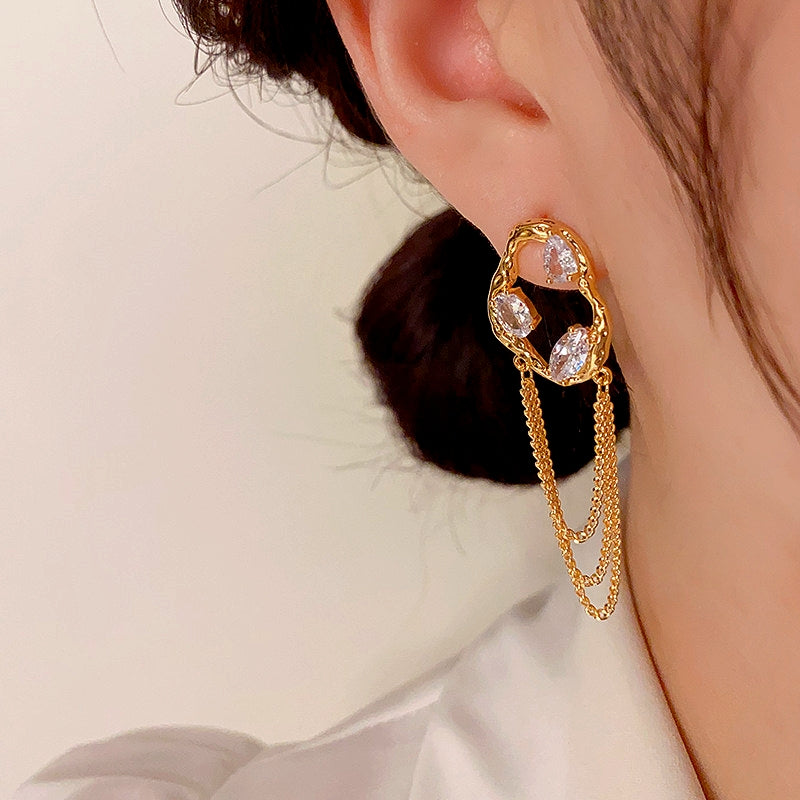 14K Gold-Plated Elegant Zircon Chain Tassel Earrings